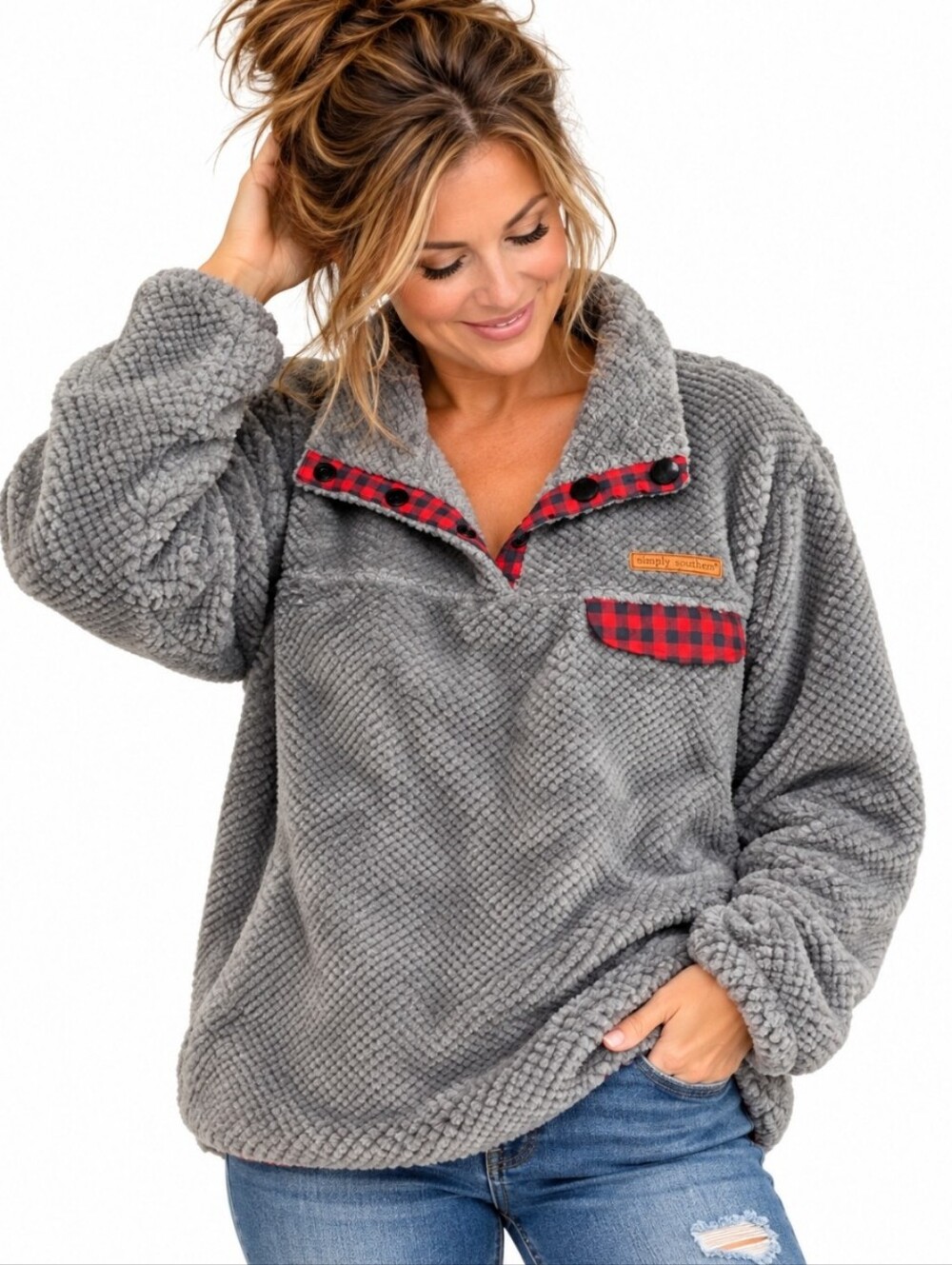 Simply Southern Women’s XXL Gray Sherpa Fleece Buffalo Plaid Snap Pullover